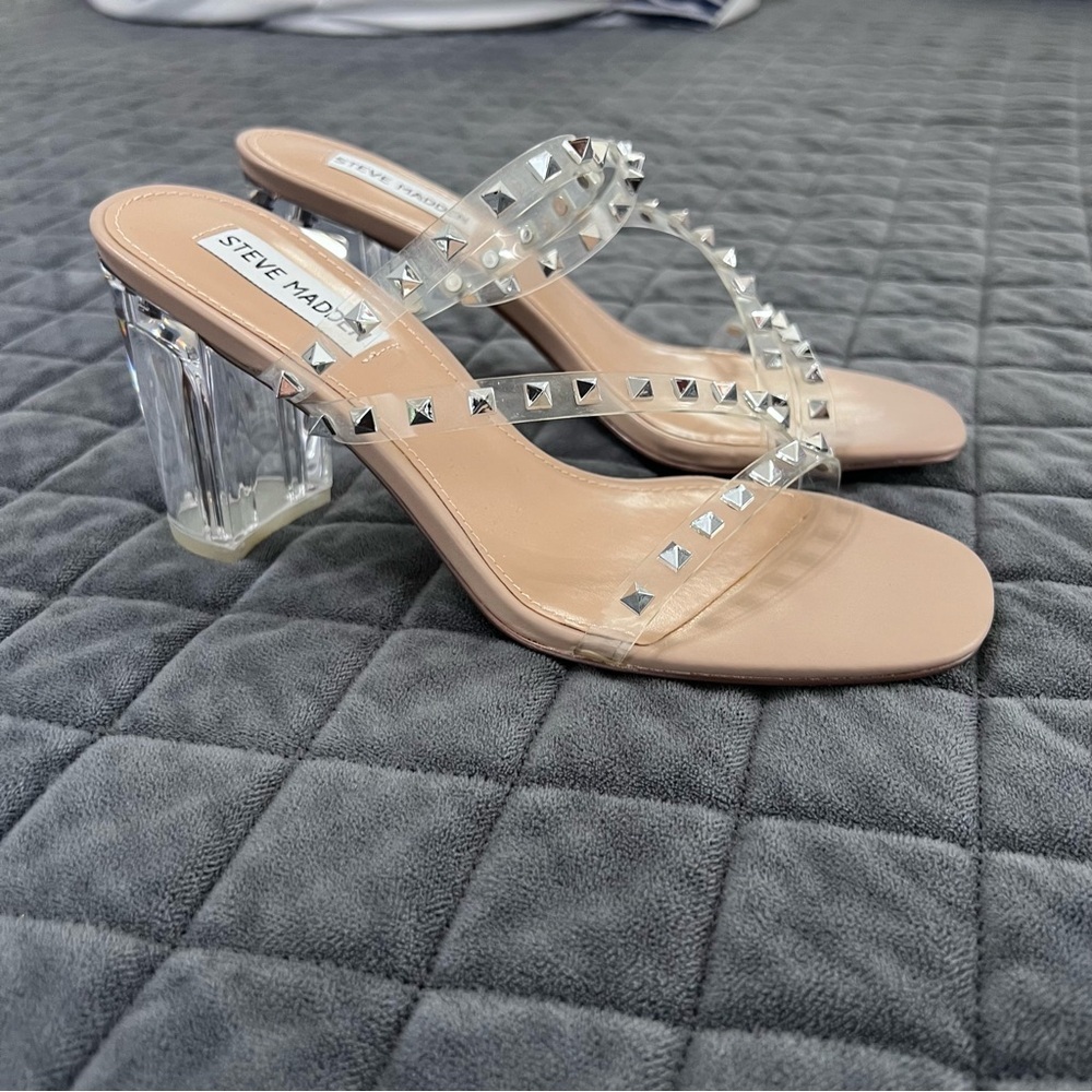 Steve Madden Nude Clear Studded Block Heel Sandals